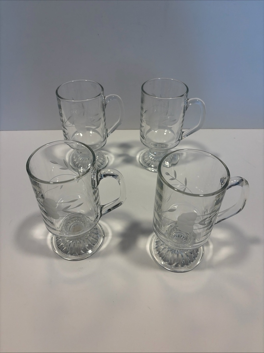 Princess House Clear Etched Glass Pedestal Mugs - Floral Leaf Design (Set of 4)